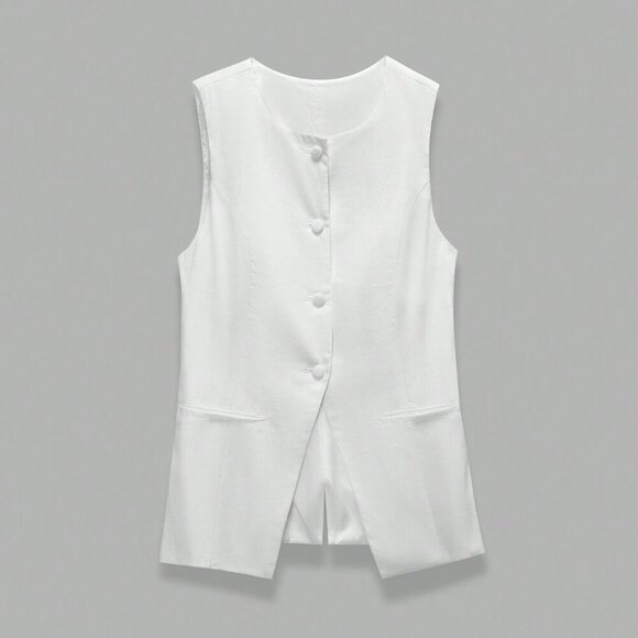 White Casual Women's Solid Button Front Vest Blazer - Picture 3 of 7